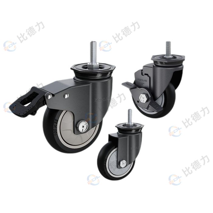 工匠牌 4寸 絲桿萬向/絲桿剎車/絲桿邊剎 單軸圓邊黑色聚氨酯TPU