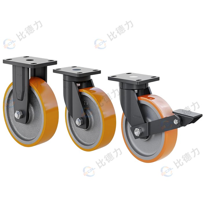 4寸/5寸/6寸/8寸 固定/萬(wàn)向/胎面剎 橙色平邊鐵心PU輪(進(jìn)口原料）